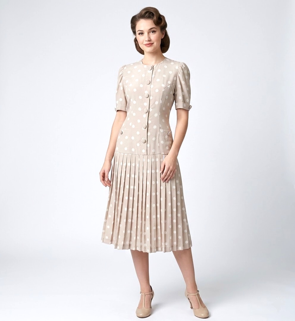 Talbots Dress Tan Dots Dropwaist Pleated Midi Button Front Pockets Vtg Sz 16